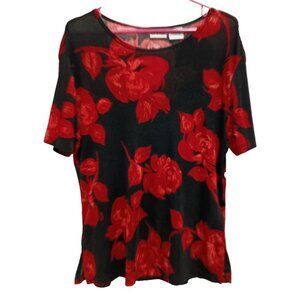 Vintage‎ Y2K Liz Baker Womens Top Small Black Red Floral Whimsygoth Short Sleeve